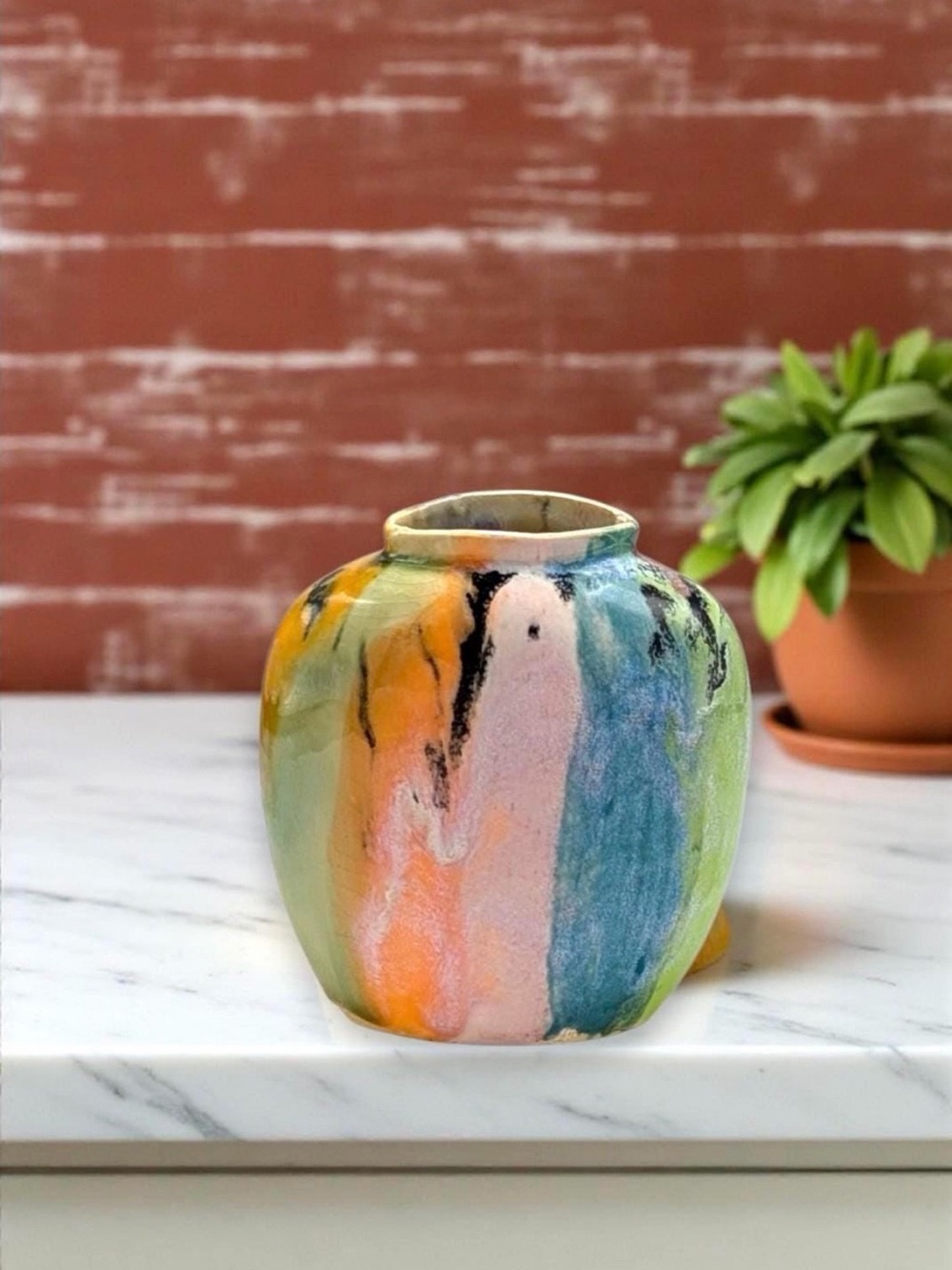 Multicolor Abstract Glazed Ceramic Vase - Pastel Rainbow Accent